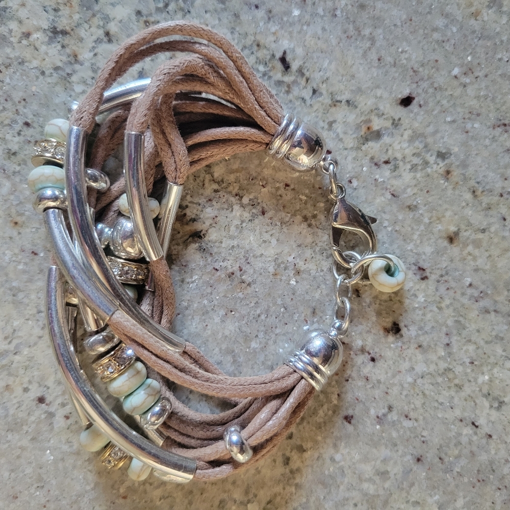 Leather, silver and stone bracelet, 7"